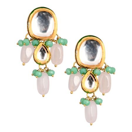 Mirror Oval & Teardrop Earrings with Green & White Beads Pair